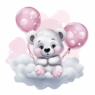 cute Baby bear smling while laying in a white cloud with a pink bib on with a white heart on it wearing pink and white balloons, clipart, black background