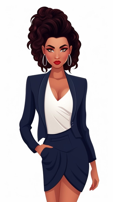 full-body perspective 2d lined clipart of a pretty woman wearing a navy skirt suit and matching shoes, business-like attire, white background,