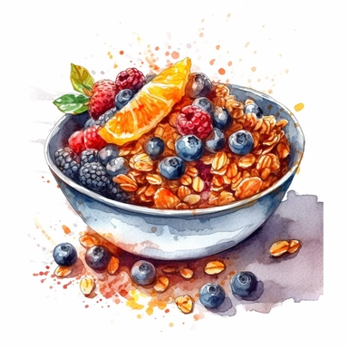 png clipart on a white background of a mesmerizing watercolor clear-lined illustration. The composition is central with a clear outline using bold and saturated complementary colors. the illustration is realistic and detailed depicting a delicious breakfast granola