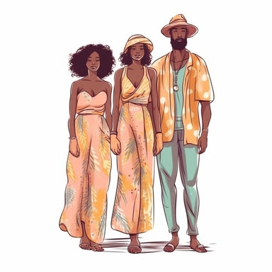 pastel colors vector full view image of faceless african american mother , father and daughter,s and brother, boho clothing style, illustration clipart, white background