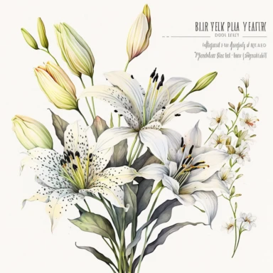 Watercolor realistic detailed white tiger lily bouquet clipart, white background, no text