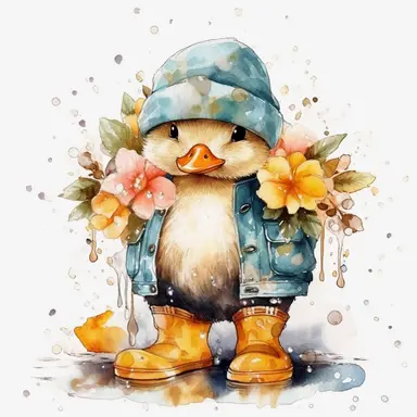 Watercolor FLORAL DUCKING IN RAIN WEARING WINTER CLOTHES AND BOOTS clipart, Cute baby animal clipart, WATERCOLOR ART, CUTE BABY DUCKING, ONE DUCK IN ONE IMAGE, HIGH QUALITY