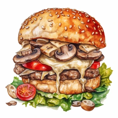 Swiss cheese Burger Ground beef, a lot of swiss cheese, sauteed mushrooms, lettuce, tomato, mayonnaise, brioche bun ,clipart water color, white background, 8k