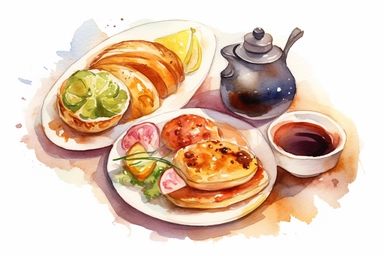 Watercolor, British, Western cuisine, clipart, hd, on a white background, spaced out