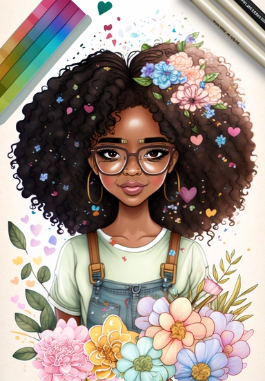 2d watercolor clipart kawaii, spring, april, character of beautiful african american woman, Intricately rendered dark Skinned woman, full body portrait, intricately rendered, 8k, long thick curls brown hair, sparkles, generously detailed, hyper realistic, digital, long rainbow eye lashes, beautiful retro comic urban chick, smart, books, nerdy, glasses, 8k,