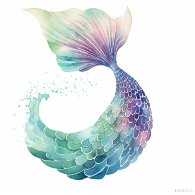 reate a stunning watercolor mermaid tail for clipart. the image should be beautiful pastel colors. the image is just of the tail and fins. create the image to be just the waist down to the fins. it should look like a realistic mermaid tail. the top part should start in a V shape