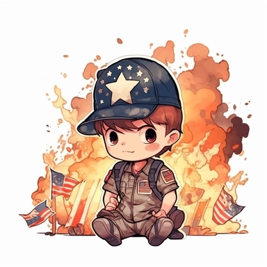 Super cute, American flag with army kid Sublimation Clipart, Cartoon funny, Cute anime, Very detailed, firework background