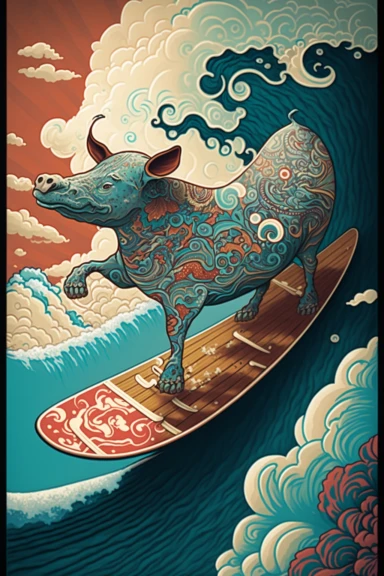 a painting of a standing cartoon cow riding kanagawa wave on a longboard surfboard, behance contest winner, psychedelic art, paisley, beautiful waves in sea, james jean and clyde caldwell, clipart, hi - fructose art magazine, katherine lam, artgram, marc newsom, sovietwave,