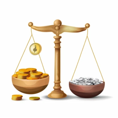 a scale with a bag of money on one side and a coin on the other, clipart, white background