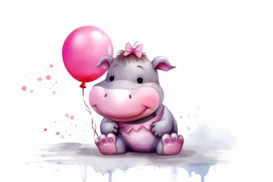 Cute carton little hippo with pink balloon, white background , in the style clipart, digital airbrushing, high resolution, 300 DPI,