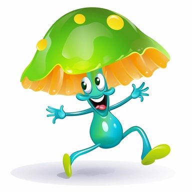 clipart, a dancing mushroom on the beach, green blue yellow, on white background