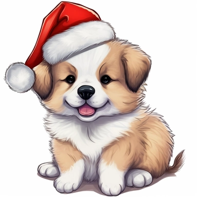 clipart digital svg cartoon of cute and cheeky fluffy puppy with a Christmas hat, on a white background
