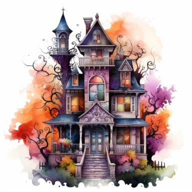 elaborate and detailed colorful watercolor haunted house, clip art, white background