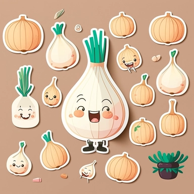 cute onion sticker set, sticker pack, sticker sheet, character sheet, multiple stickers, Watercolor Clipart, chibi, simple, minimal art, hand-drawn, vector art, adorable, lovely, whimsical, cute and quirky, watercolor effect, bokeh, low-poly, retro aesthetic, 4K resolution, photorealistic rendering, using Cinema 4D