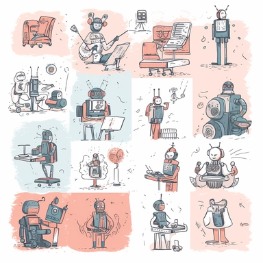 clipart collection of scribbles and illustrations of a group of generative AI bots featuring an author bot, a coding bot, an illustration bot, photographer bot and an assistant bot, all non-binary characters, professional web design, friendly, cool, modern web illustration, two-tone, cute, playful, helping