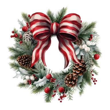 christmas pine and red bow wreath clipart, white background