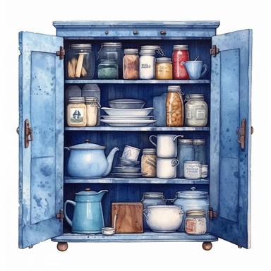 watercolor, hyper realistic, white background, white margins, 16k, ultra detailed clipart, cut out image, hand-drawn vintage blue cupboard with a worn finish, holding a collection of vintage enamelware and tinware.