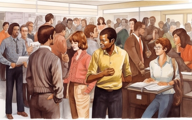 watercolor 1970's crowded high school classroom with half black student standing in the back clipart,in the style of Eleanor Campbell and Keith Ward high resolution