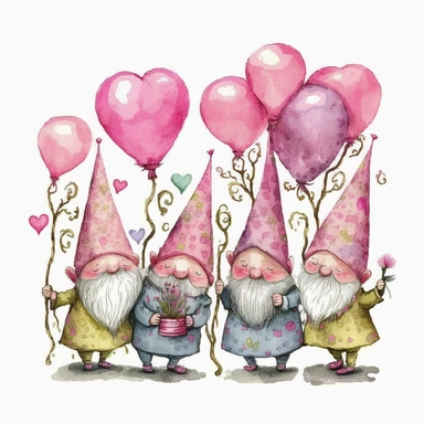 Watercolor happy 4 pink gnomes valentine theme with pink heart balloons, Clipart, Colorful, Retro, highly detailed on white background