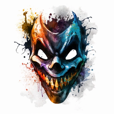 scary halloween mask watercolour tempera clipart illustration, vivid dark colours, clean, crisp, smooth, white background