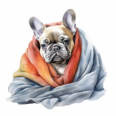 french bulldog puppy wrapped in a blanket, watercolor illustration, clipart, full body, hyper-realistic animal illustration, childlike, free brushwork, white background