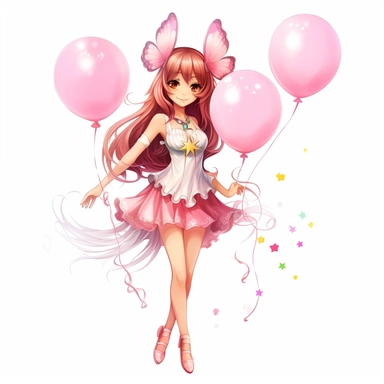 Fairy Clipart, Japan Anime style, beautiful smiling cute fairy holding balloons, full body, on a white background