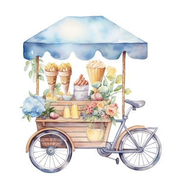 Watercolor wedding icecream blue stand, wedding clipart, simple, soft colors, cartoon elements, watercolor boho style, white transparent