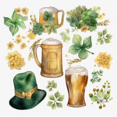 Clipart, sticker sheet, clover leaf, leprechaun hat, gold, beer mug, watercolor, cozy, hand-painted, white background