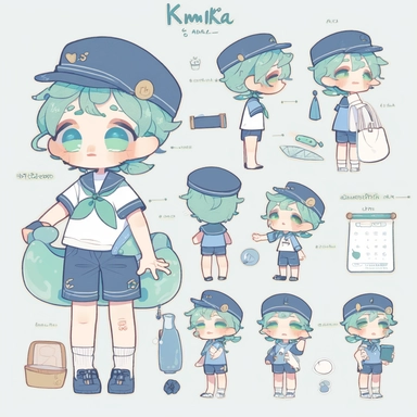 character sheet,knoling,clipart,belongings catalog, cute chibi character, long pale blue-green hair, long bangs, blue-green eyes, flat chest, beautiful young boy, sailor, blue shorts, dark blue socks, whale, cream soda, sandwich