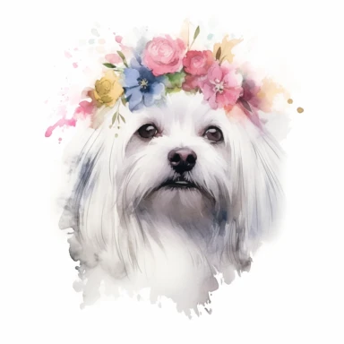 A graceful Maltese dog adorned with a floral crown, capturing its elegance and charm, against a white background and watercolor clipart.