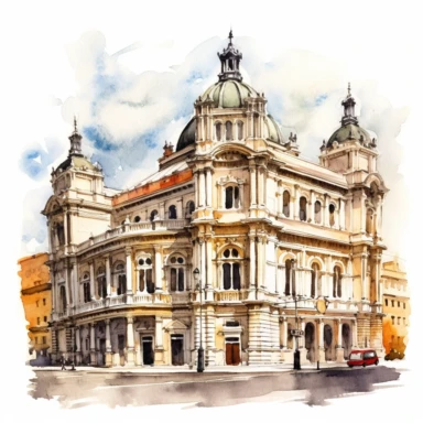 a Austria Vienna Opera House in the style of watercolour clipart with detailed brush strokes