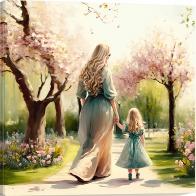 beautiful young pregnant mother with long beautiful blonde hair, toddler daughter with long beautiful hair holding hands walking in park, flowering trees, path lined with benches, highly detailed, realistic, fantasy, ethereal, soft colors, sharp focus, clipart style, fix dress