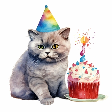 Watercolor, clip art, a British Shorthair wearing a party hat and eating cake, birthday, happy face, isolated on a white background