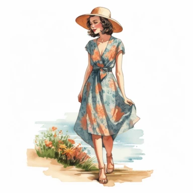 vintage woman colorful illustration old fashioned summer , Hand drawn , watercolor style,clipart,no shadow,single design, print on demand image, PNG transparent ,white background for removing background - - no text shadow font watermark