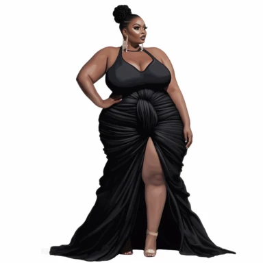 ?????socialite black woman bods, plus size, long massive braids, full glam, fashion icon, talented and good vibes, dressy pant and couture frilly fliiw top, clipart, white background