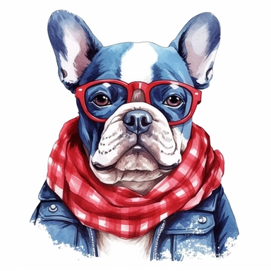 watercolor clipart illustration of a french bulldog wearing a bandana, red white and blue, hand painted details, clean and simple designs, solid background color, spaced out