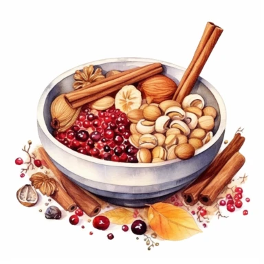 n an enchanting watercolor, hyper-realistic clipart image with a white background and white margins, featuring a bowl of mixed nuts with a sprinkle of cinnamon and a few dried cranberries. The ultra-detailed, hand-drawn elements capture the assortment of shapes, colors, and textures in the nut mix. Use whimsical touches to add a touch of warmth, and bold shades of various colors to evoke the comforting and nutritious nature of these snack-worthy nuts