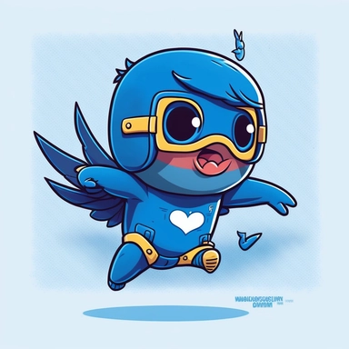 funny cute little bluebird robot superhero flying to save the day meme clipart semi realistic comic style