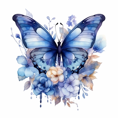 Beautiful clipart of a butterfly animal in flowers, in the style of artgerm, watercolor, animal motifs, Dark blue tones, amedee ozenfant, he jiaying, oshare kei