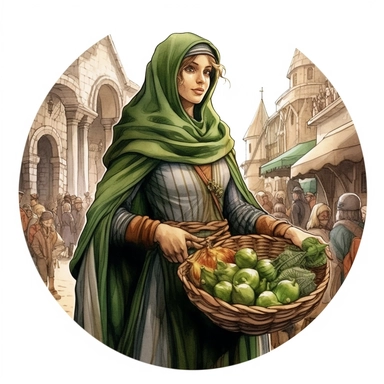 medieval woman selling in the market, stylish | COLOR THEME: dark green, olive green, army green, black, light pink | watercolor, clipart, hyperrealistic, white background