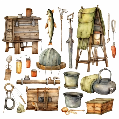whimsical watercolour cute clip art fishing equipment