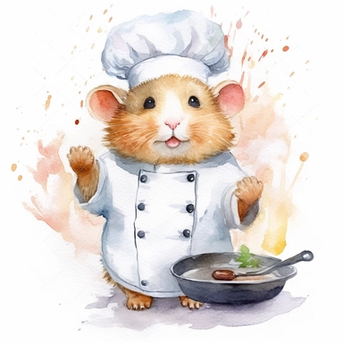watercolor clipart, A cute chubby hamster, in style chief, ultra detailed, wearing a chef's hat, Cooking food in the kitchen, tasty, white background, high solution