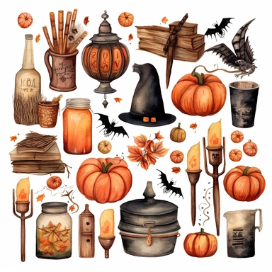 simple, vintage Halloween party decor, clipart style, color pencil technique, super high quaility, high resolution on a white