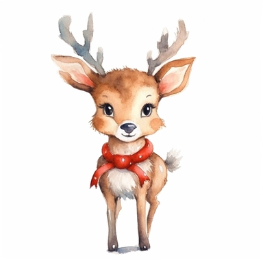 watercolor small cute christmas deer clipart with margins, digital watercolor, for children’s book, design lovely style, cartoon funny, simple watercolor, white clean background