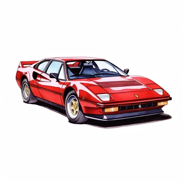 Clipart of a Ferrari 308 GTS minimal details, aquarel colored cartoon style with thick borders. Only the car. White background, no floor, no shadow