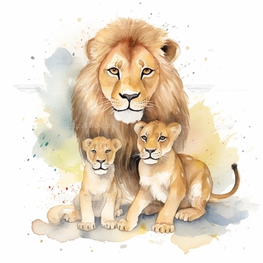 family, baby, lion and lioness,Watercolor Clipart high quality, white background , lion and lioness, cute, love