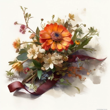 a simple gorgeous wildflowers and flowers corsage with ribbon and greenery on white background clipart, Earthy tones of orange, brown, and deep red color theme, watercolor painting realistic, high quality, vibrant, Vicente Romero Redondo, Willem van Aelst, Elsa Beskow
