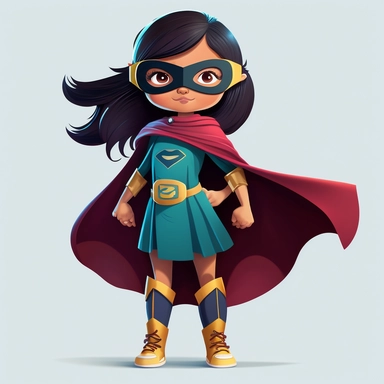 full body happy, smiley and cubby little superhero asian descent girl with eye mask and cape, looking directly at the camera, in clipart style, good detail