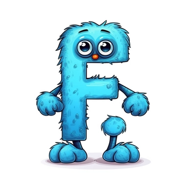 clipart style blue letter F with black line, with arms, legs and friendly cute face for children, isolated, white background,