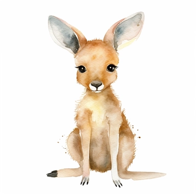 a whimsical baby kangaroo with kind eyes clipart with watercolor illustration,full body shot,8k,etsy style, white background